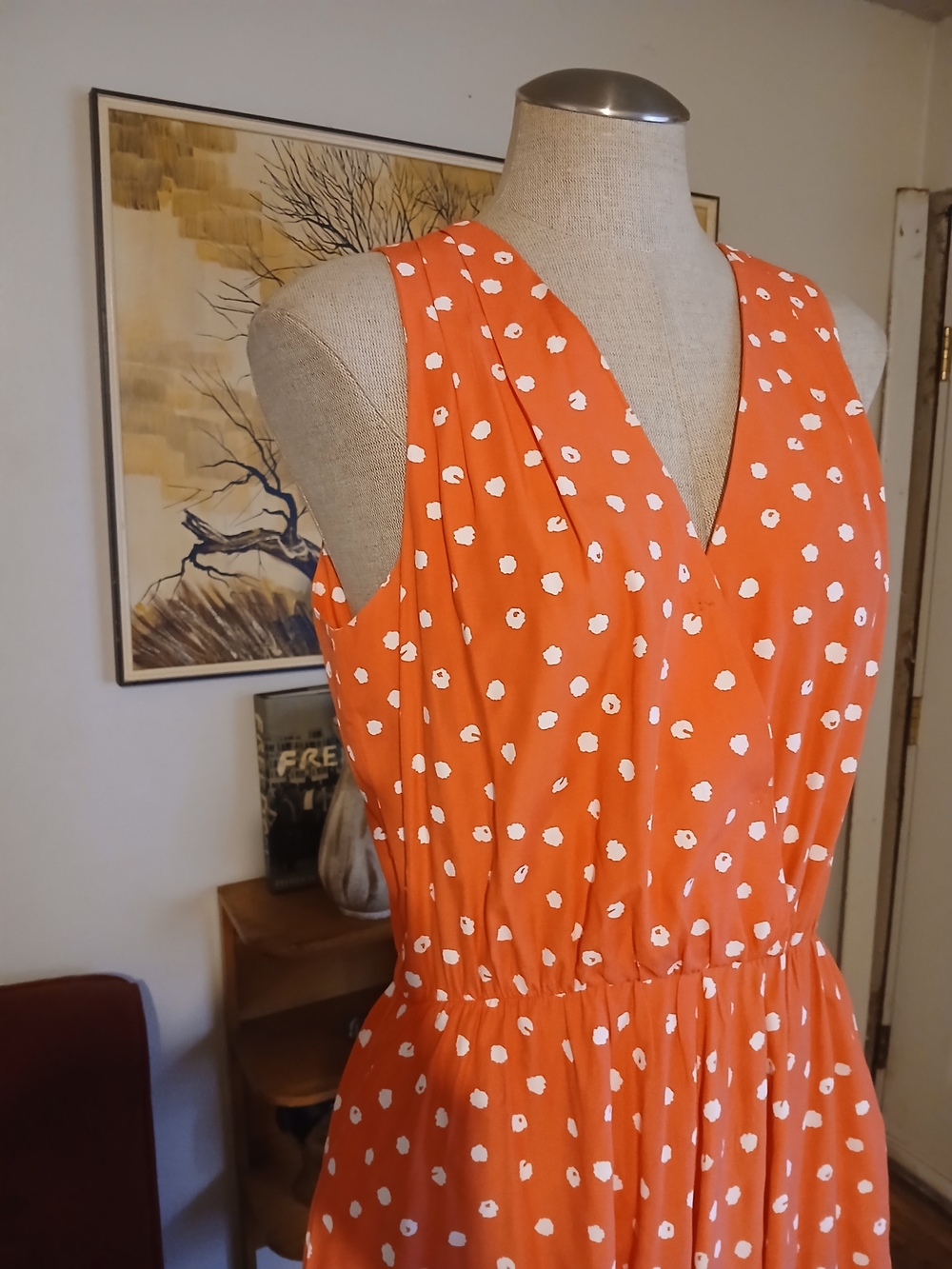 Vintage Coral Polka Dot Sleeveless V-Neck Dress